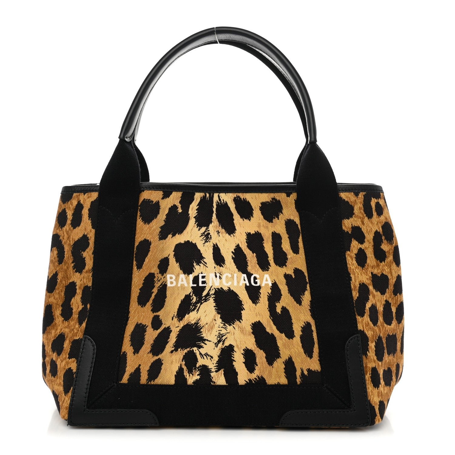 Balenciaga Cotton Canvas Satin Calfskin Leopard Print Logo Navy Cabas S Beige Black
