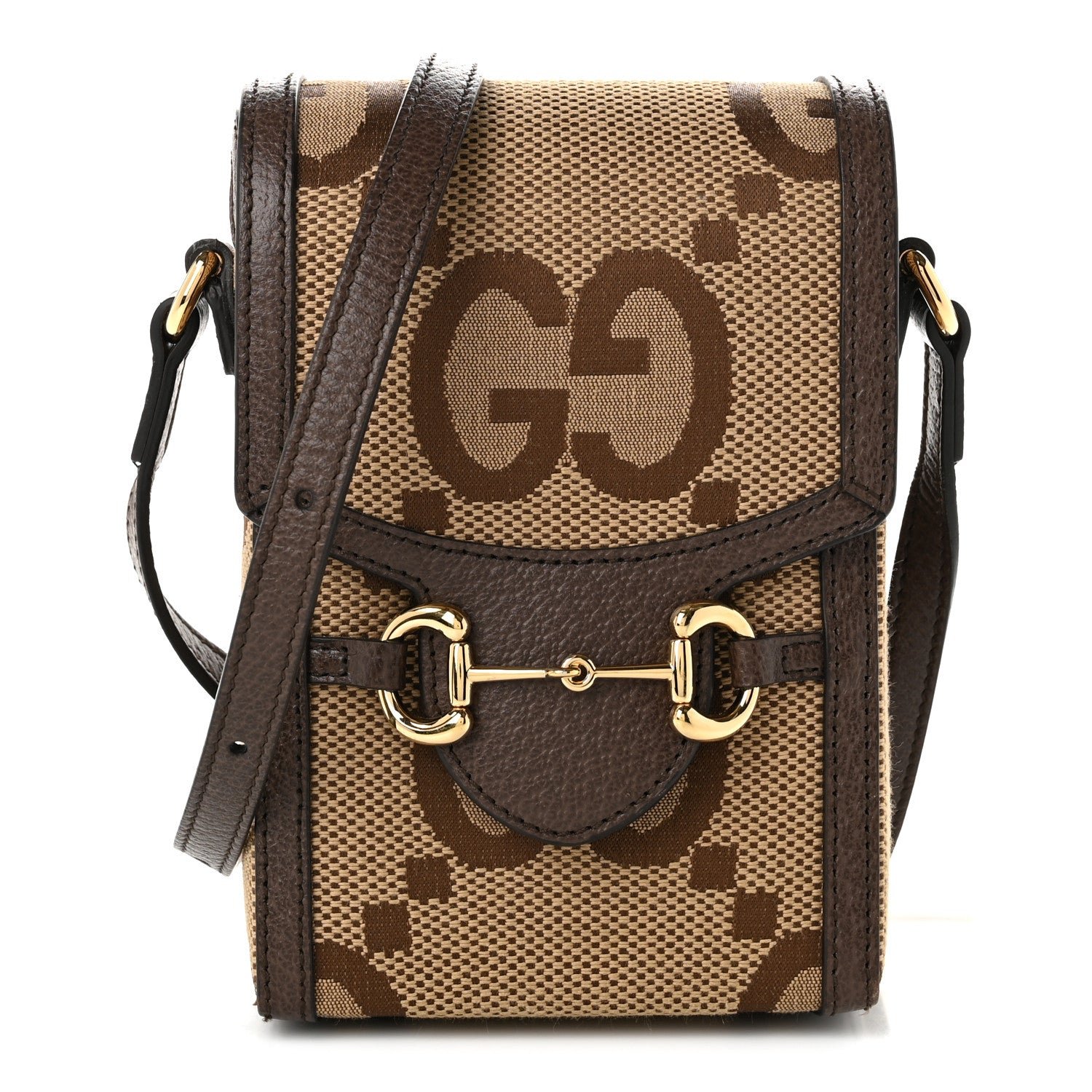 Gucci Monogram Jumbo GG Textured Dollar Calfskin Mini Horsebit 1955 Crossbody Bag Camel Ebony New Acero