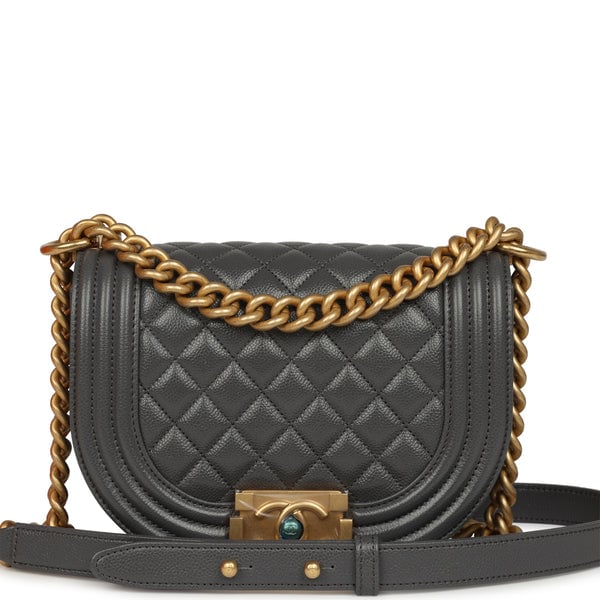Chanel Small Boy Messenger Bag Dark Grey Shiny Caviar Antique Gold Hardware