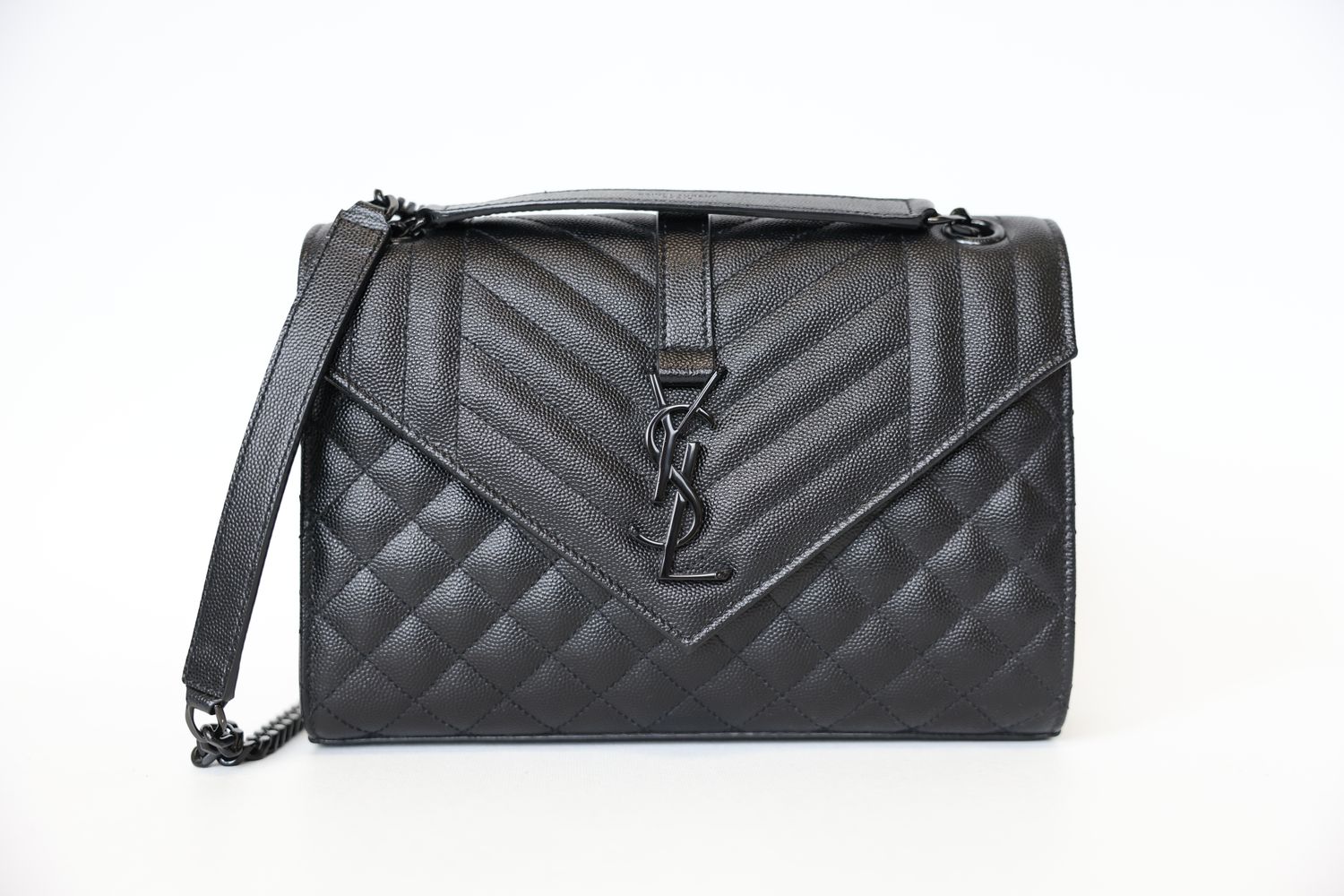 Saint Laurent YSL Envelope Medium Bag, Black Grain de Poudre Leather and Black Hardware, Preowned in Dustbag WA001