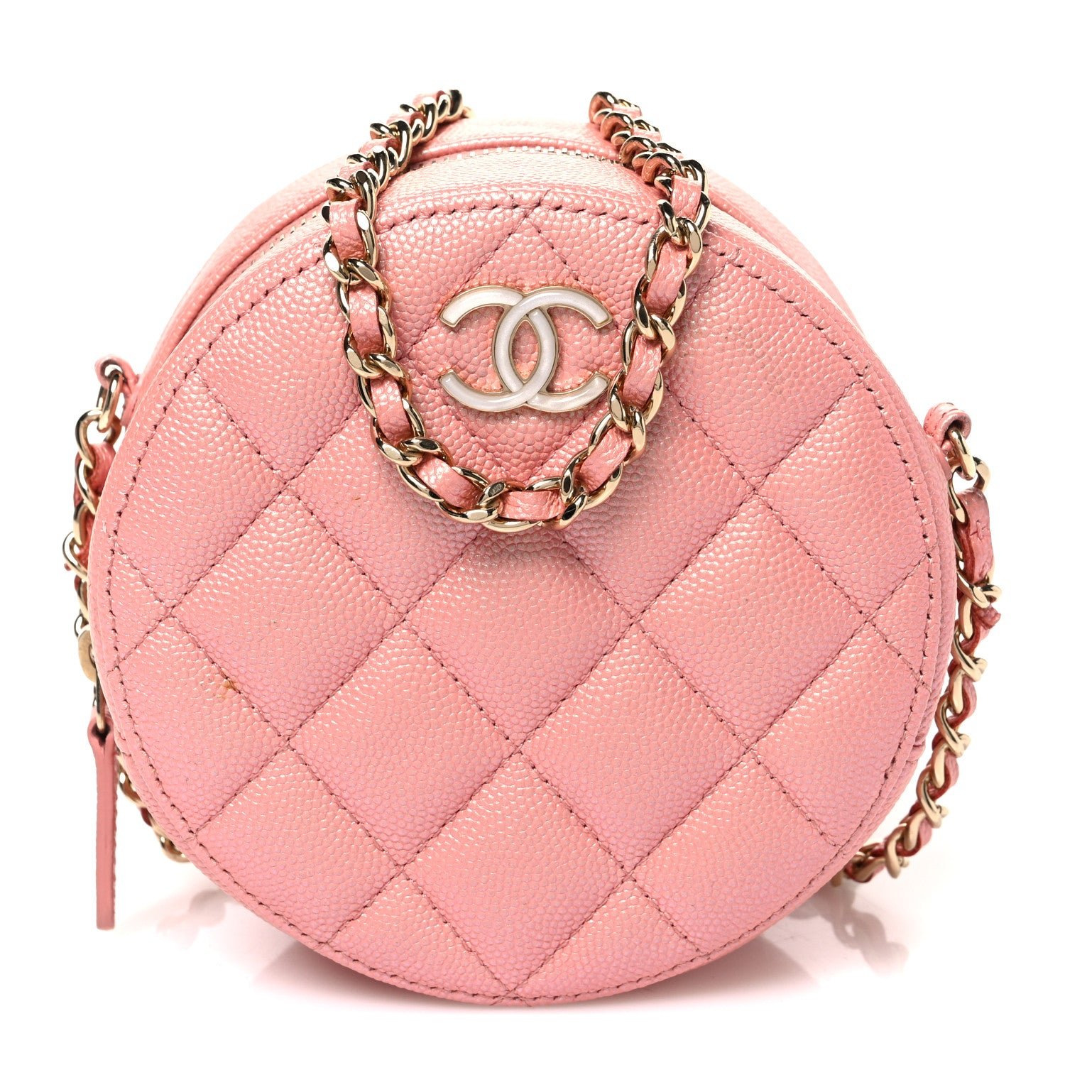 Chanel Iridescent Caviar Resin Quilted Round Clutch With Chain Pink