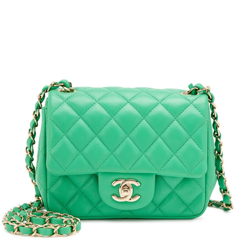 Green Quilted Lambskin Mini Square Flap Bag Light Gold Hardware, 2019