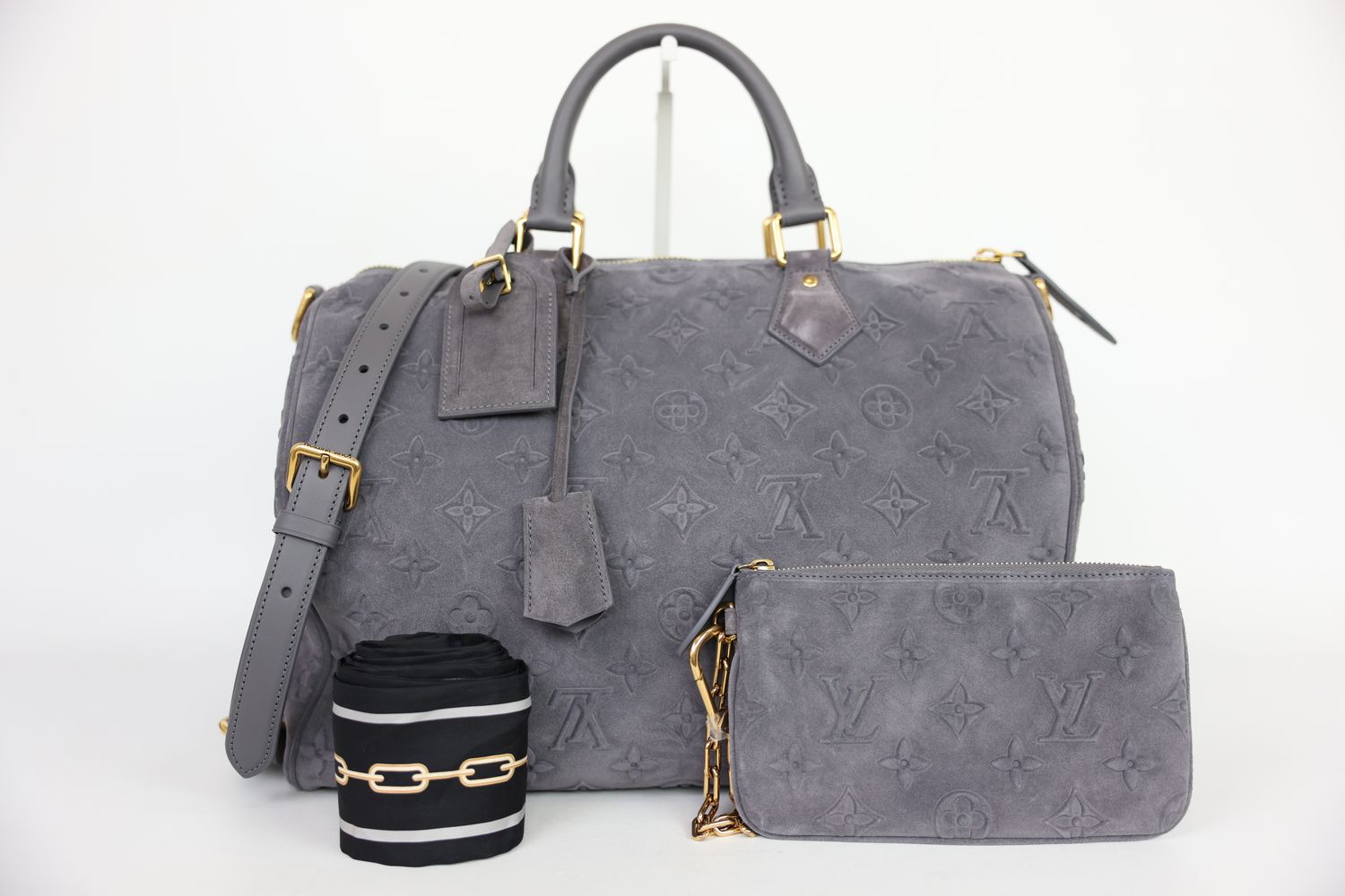 Louis Vuitton Louis Vuitton Speedy P9 Bandouliere 40 Bag, Gray Autres Cuirs Monogram Suede and Cowhide with Gold Hardware, New in Box WA001