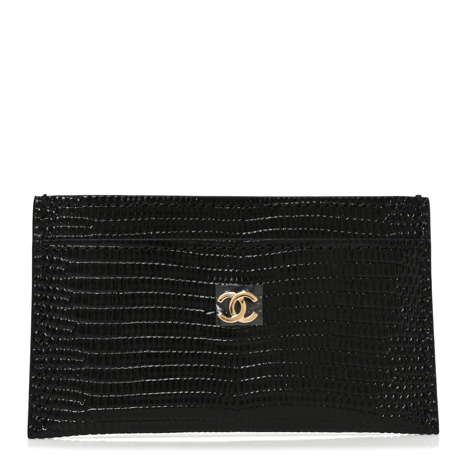 Chanel Calfskin Lizard Embossed Zip Card Holder Black Black