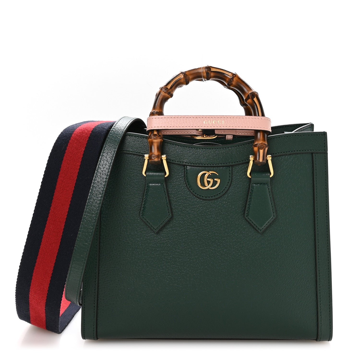 Gucci Textured Dollar Calfskin Web Diana Tote Bag Vintage Green Powder Pink