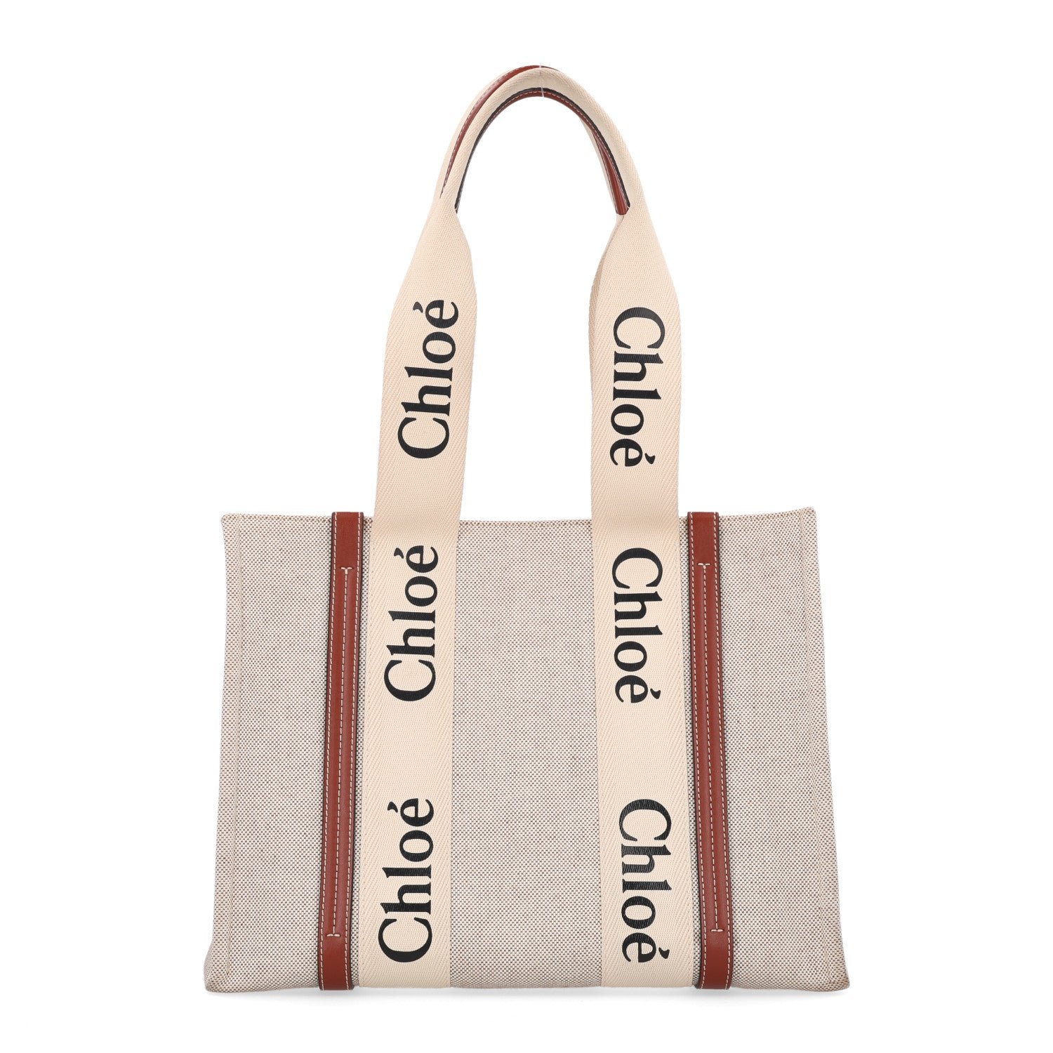 Chloe Cotton Calfskin Medium Woody Ribbon Tote White Brown