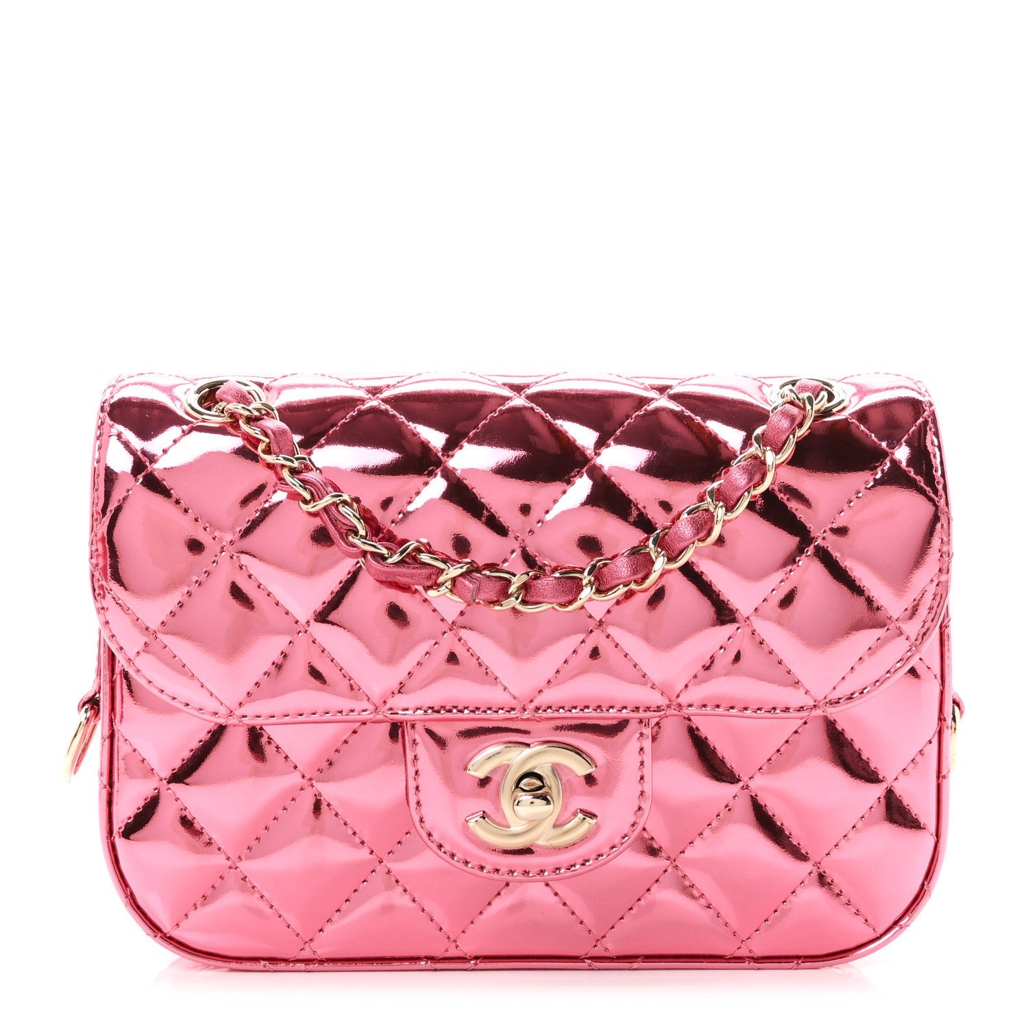 Chanel Mirror Calfskin Metallic Lambskin Quilted Hollywood Boulevard Mini Flap With Star Coin Purse Pink