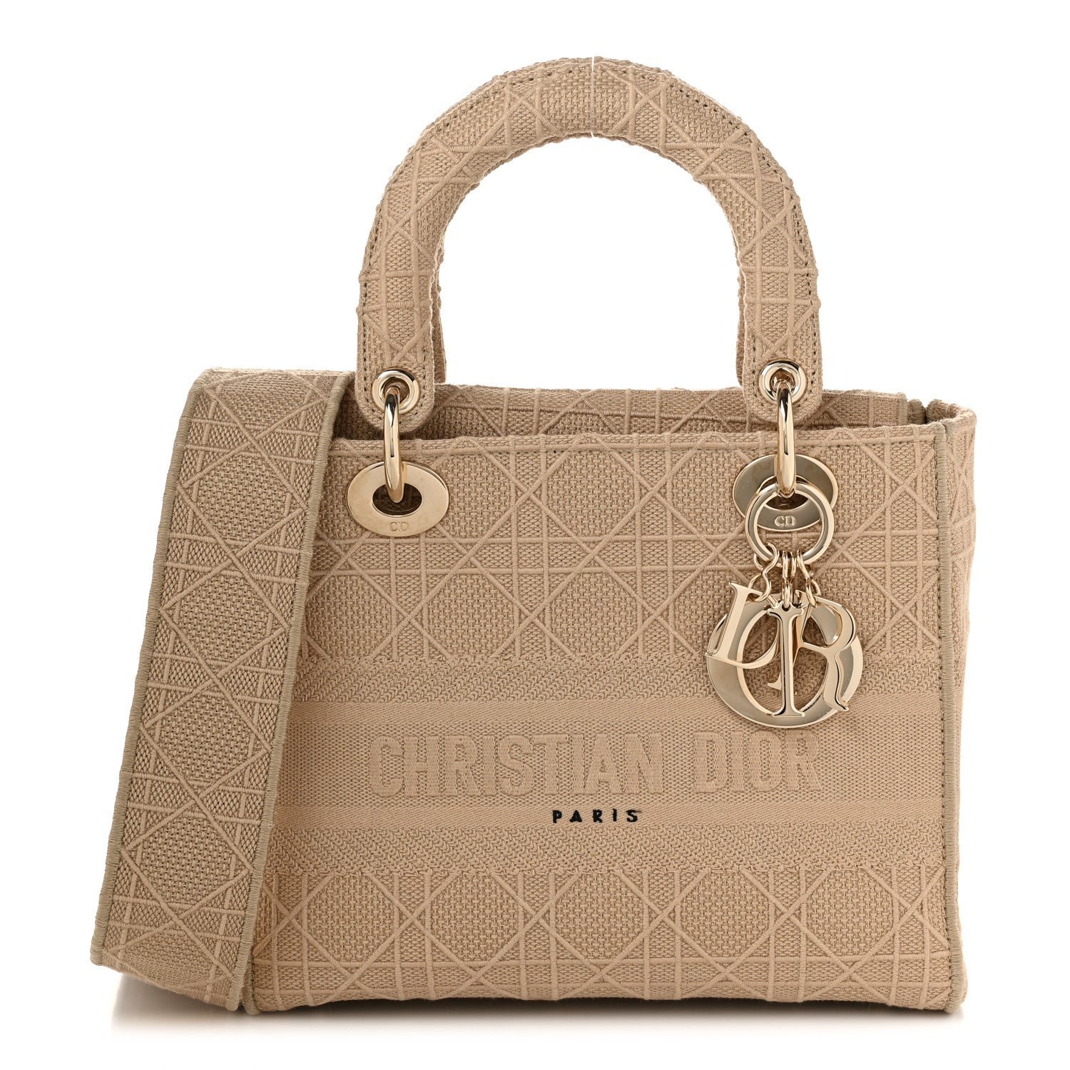 Christian Dior Canvas Embroidered Cannage Medium Lady D-Lite Beige
