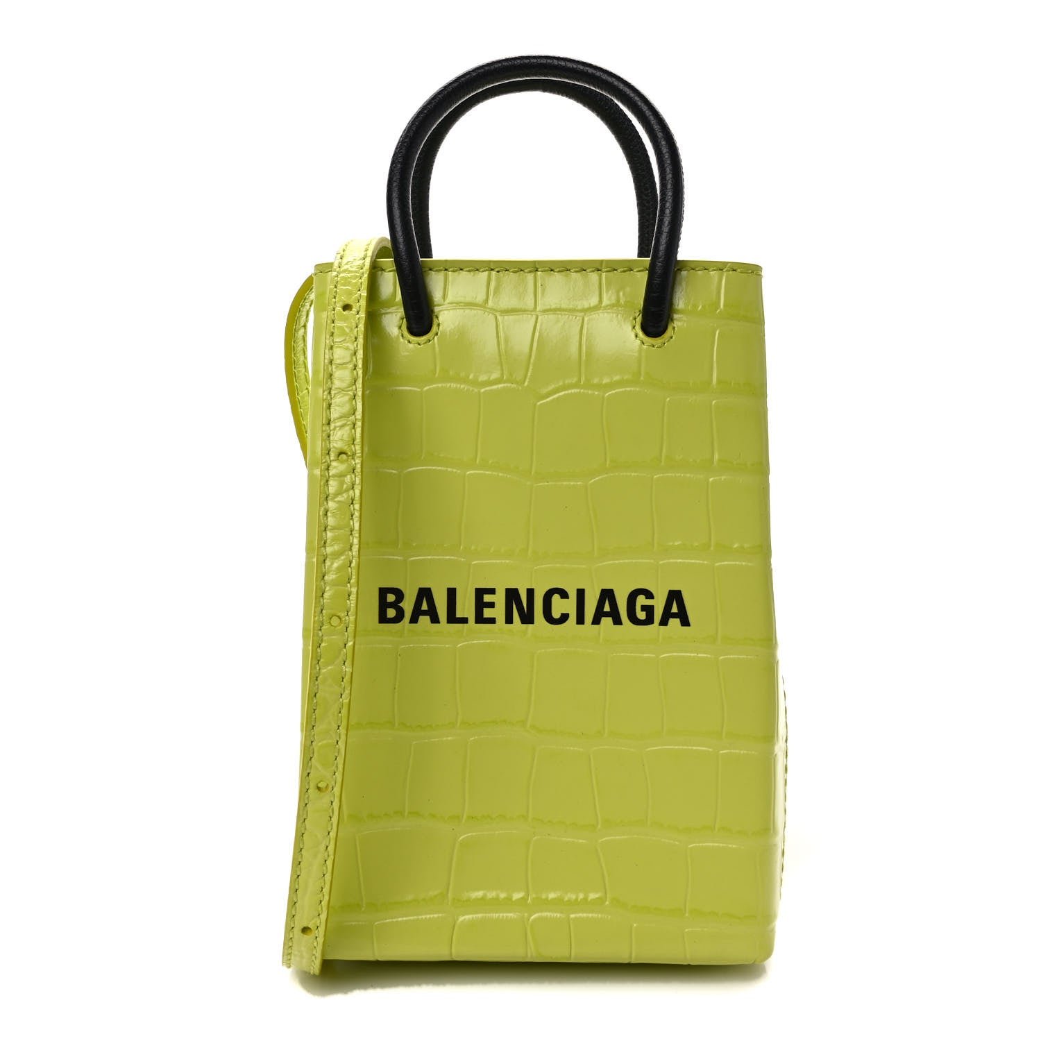 Balenciaga Calfskin Crocodile Embossed Logo Shopping Phone Holder Bag Lime