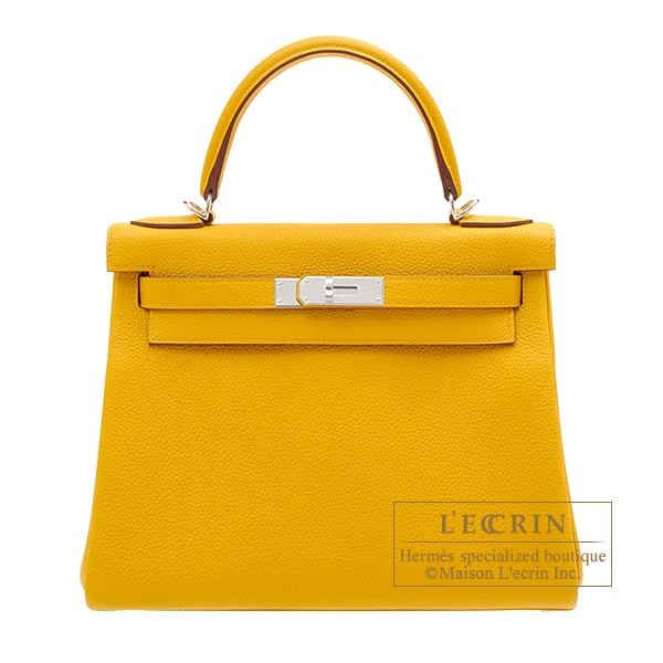 Hermes Kelly bag 28 Retourne Jaune ambre Togo leather Silver hardware