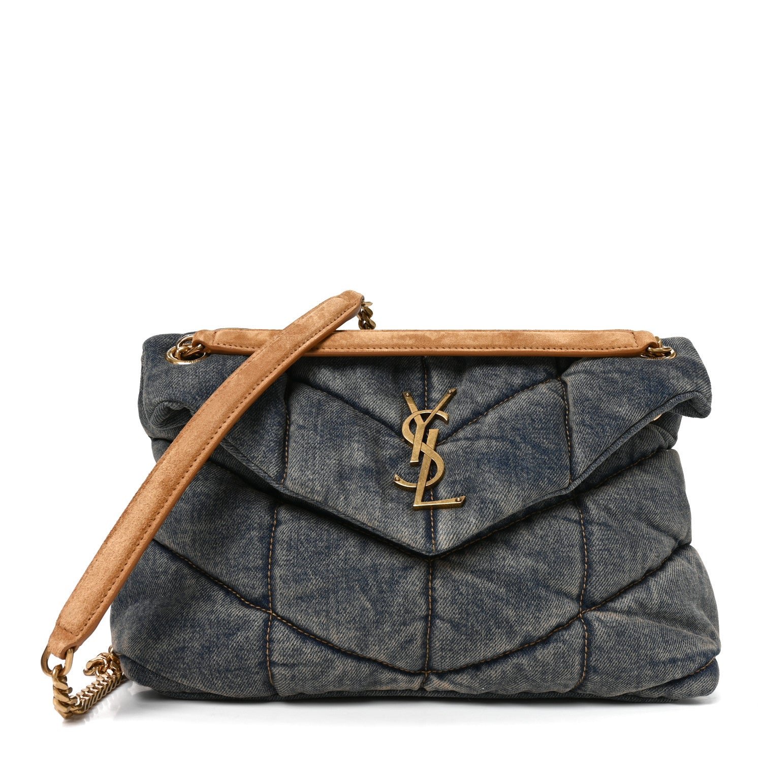 Saint Laurent Denim Quilted Small Loulou Puffer Monogram Chain Satchel Blue Cinnamon