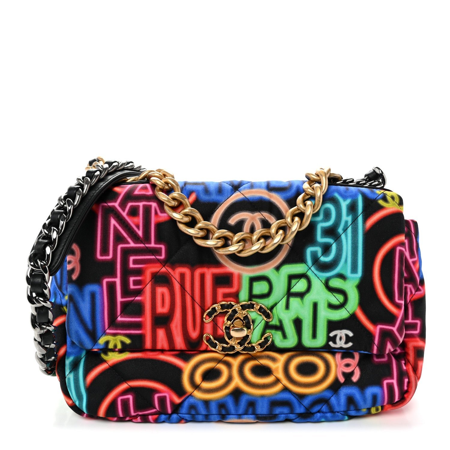 Chanel Fabric Quilted Neon Graffiti Medium Chanel 19 Flap Black Multicolor