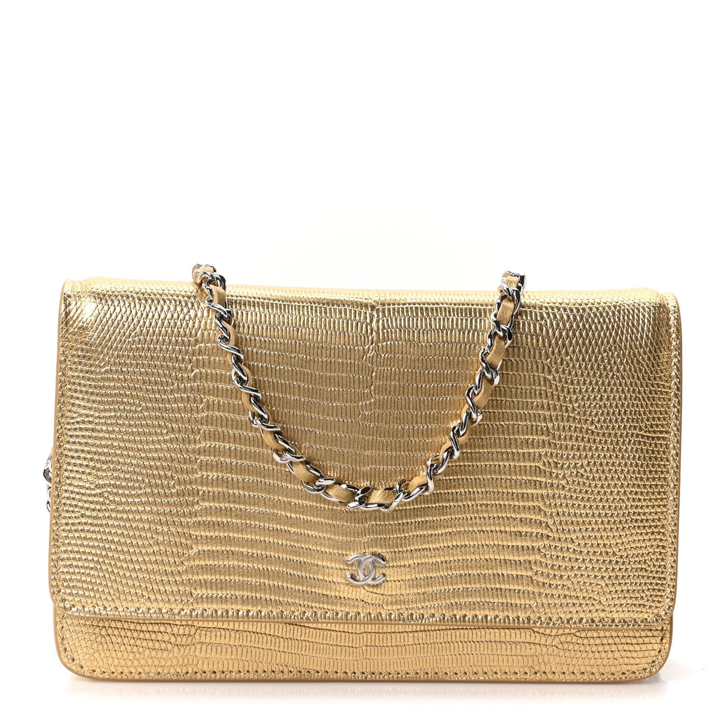 Chanel Calfskin Lizard Embossed Wallet On Chain WOC Gold