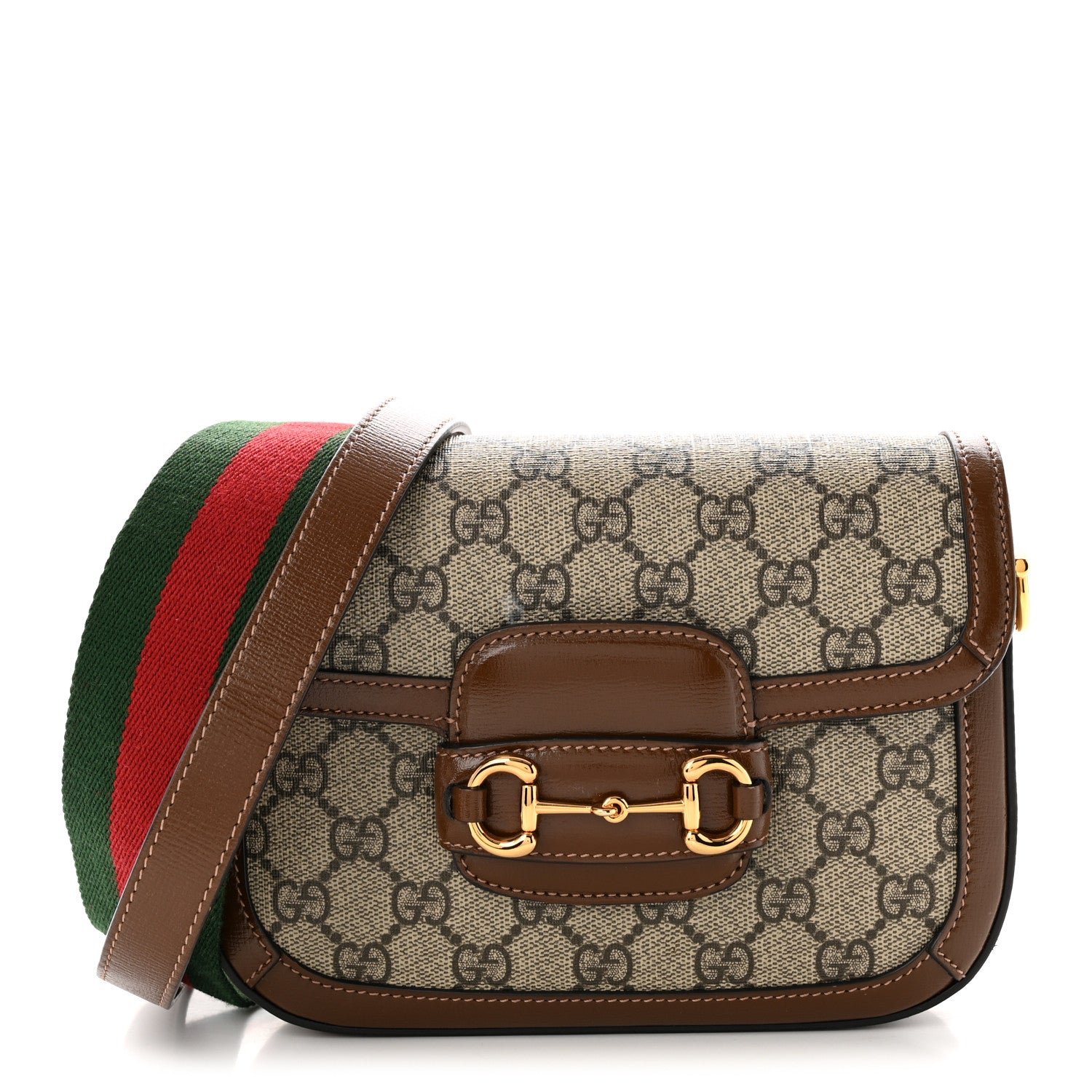 Gucci GG Supreme Monogram Azalea Calfskin Web Mini Horsebit 1955 Shoulder Bag Beige Ebony Brown Sugar