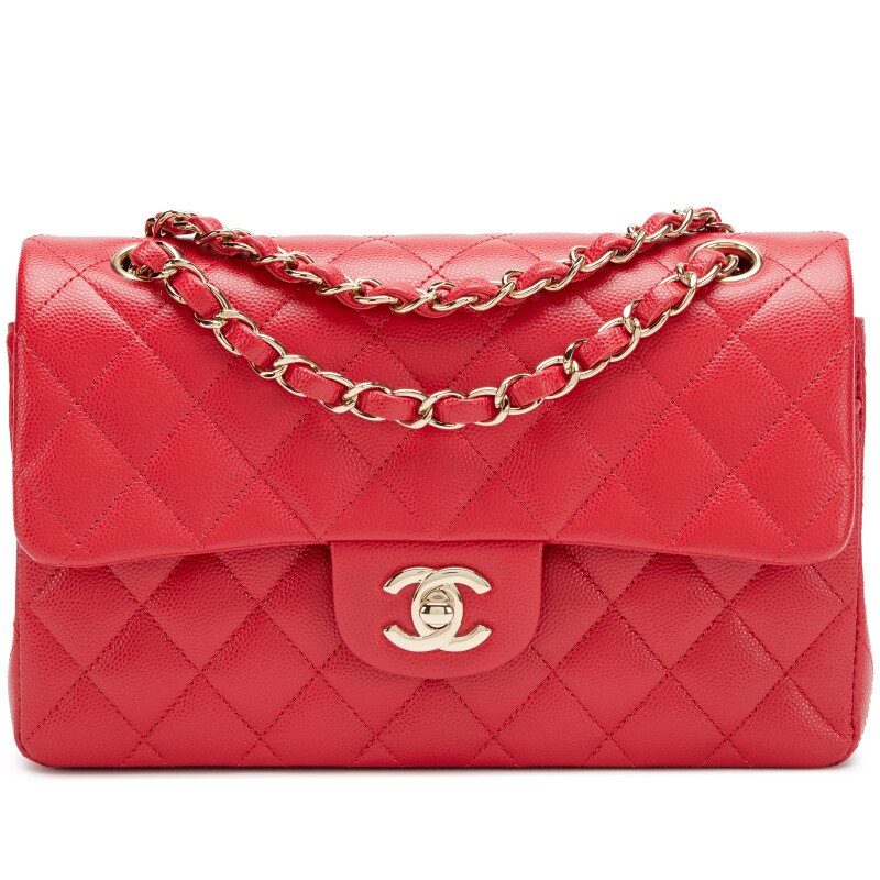 Red Quilted Caviar Small Classic Double Flap Bag Light Gold Hardware, 2022