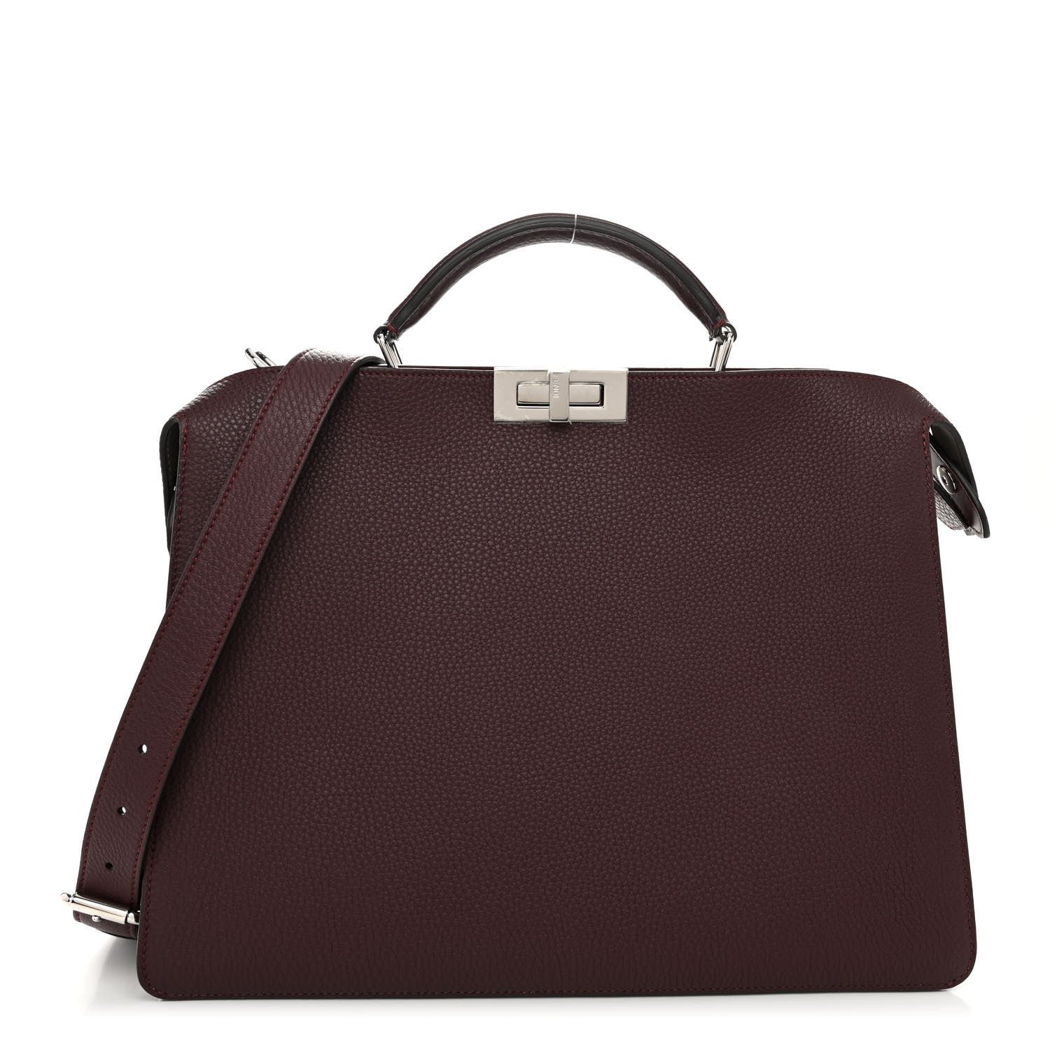 Fendi Cuoio Romano Vitello Cover Glazed Fabric Bi-Color FF 1974 Medium Peekaboo I SEE U Satchel Granada Tartufo Burgundy Tobacco Moro