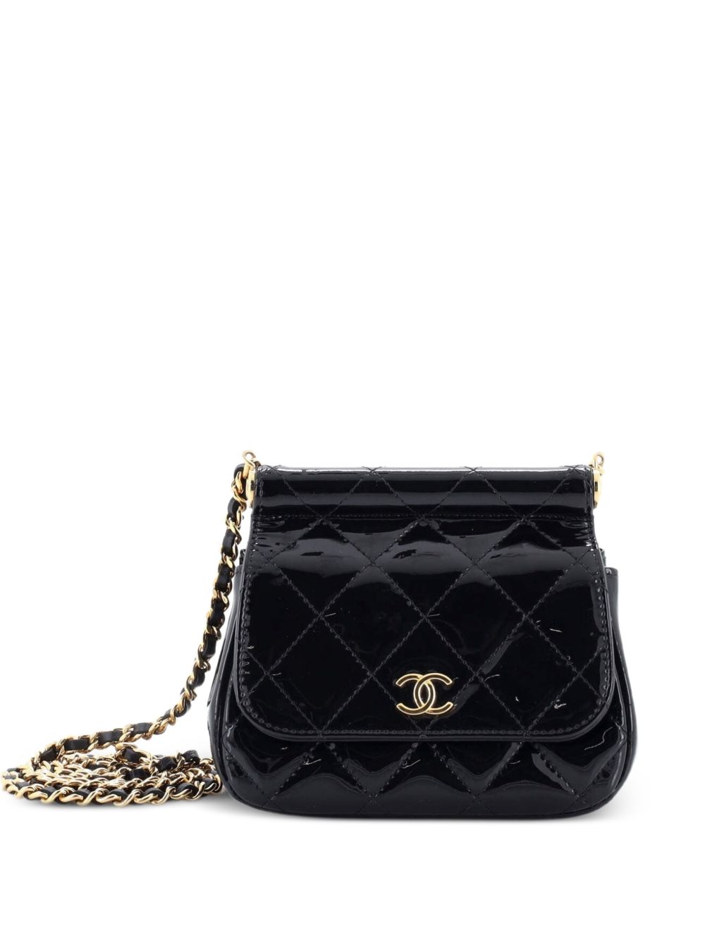 CC Frame Flap with Chain Quilted Patent clutch bag
