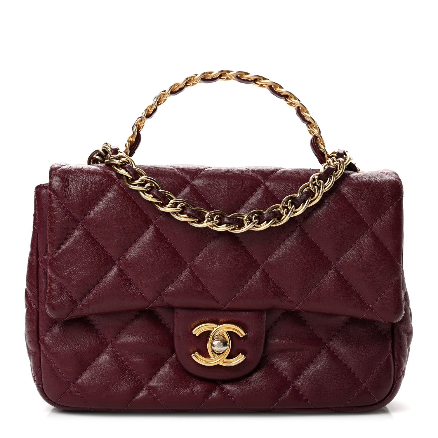 Chanel Shiny Lambskin Quilted Golden Links Top Handle Flap Dark Purple