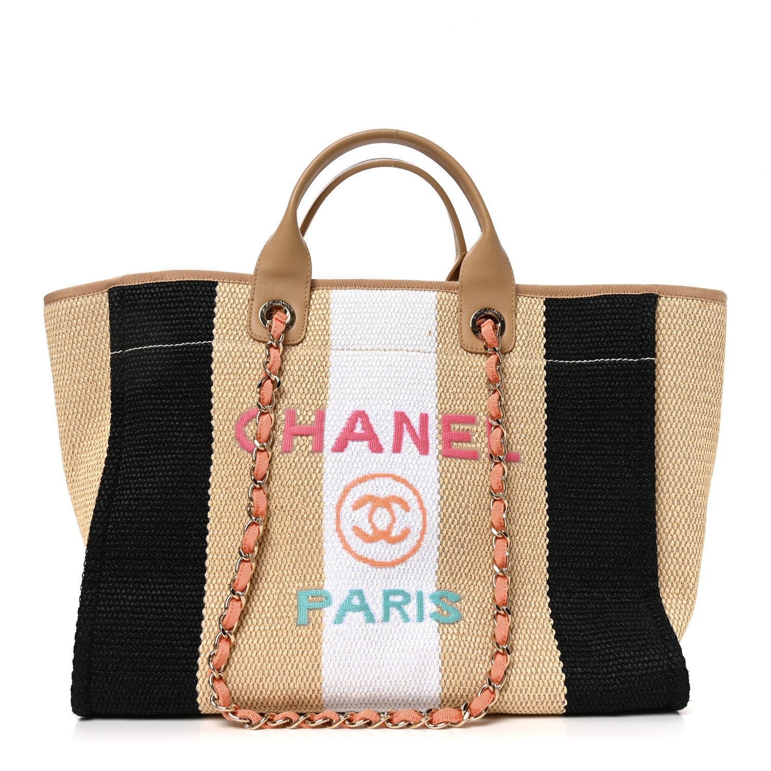 Chanel Straw Raffia Calfskin Striped Medium Deauville Tote Black Beige Ivory