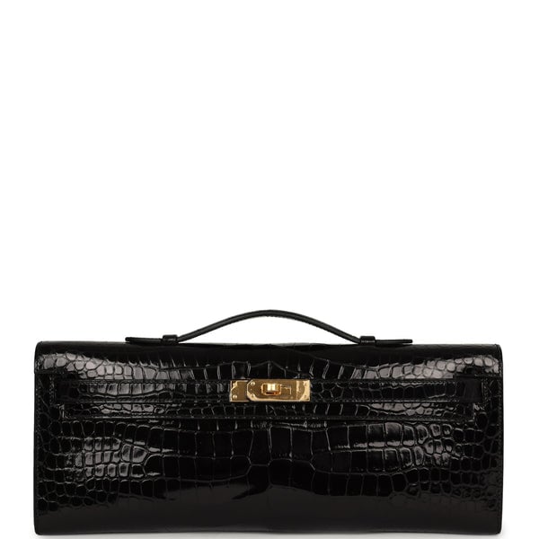 Hermes Kelly Cut Black Shiny Porosus Crocodile Gold Hardware