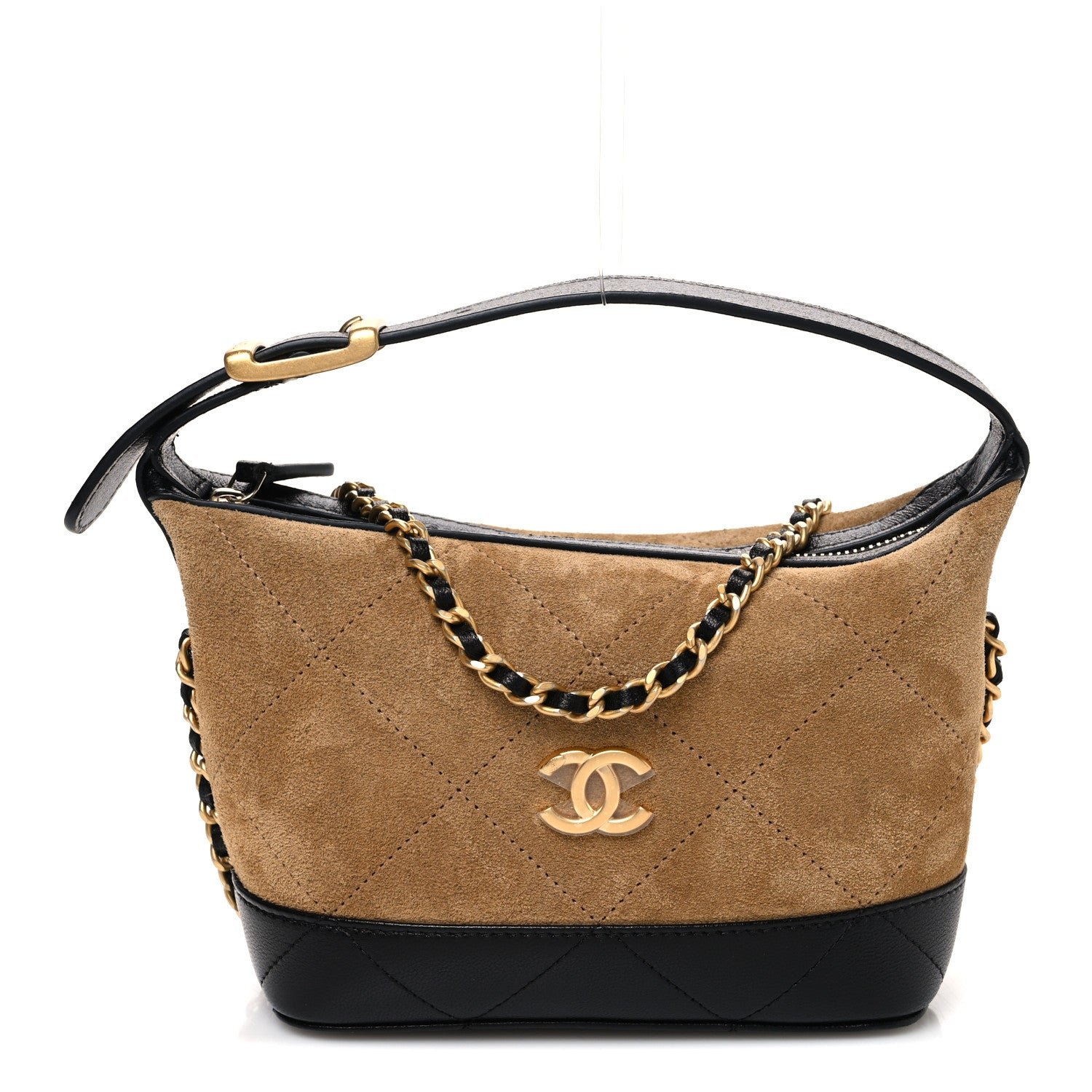 Chanel Suede Calfskin Shiny Lambskin Quilted Coco Base Hobo Clutch With Chain Beige Black