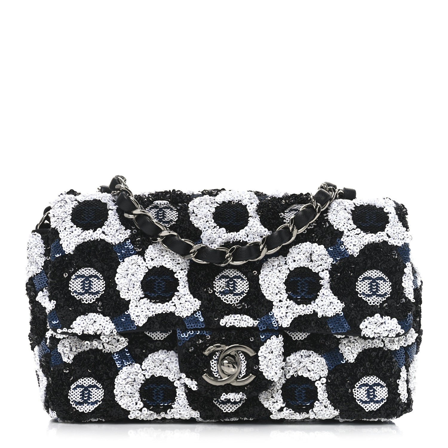 Chanel Satin Sequin Embellished Flower Mini Rectangular Flap Black White Blue