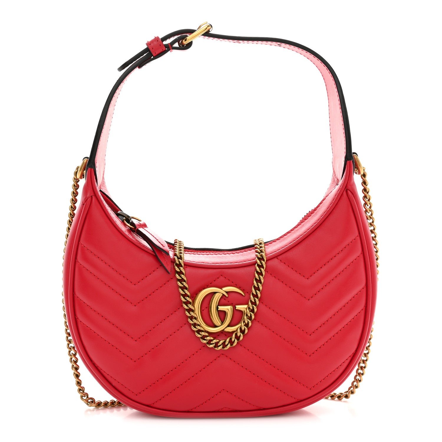 Gucci Calfskin Matelasse Chevron Mini GG Marmont Half Moon Hobo Rosso