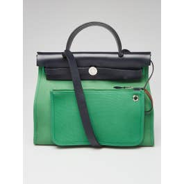 Hermes Hermes 31cm Cactus Canvas and Blue Indigo Calfskin Leather Herbag Zip PM Bag