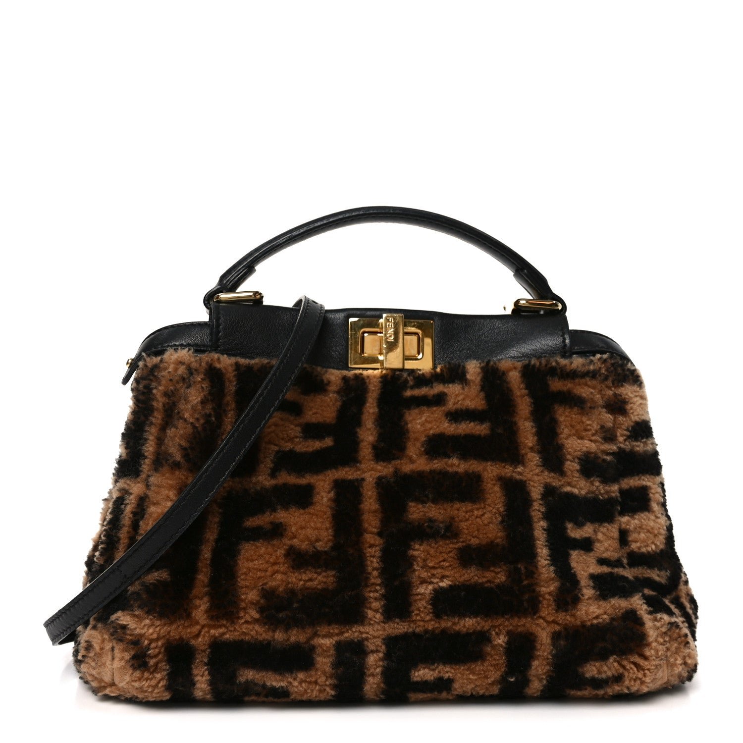 Fendi Shearling Nappa Macro FF 1974 Mini Peekaboo Iconic Satchel Tobacco Black