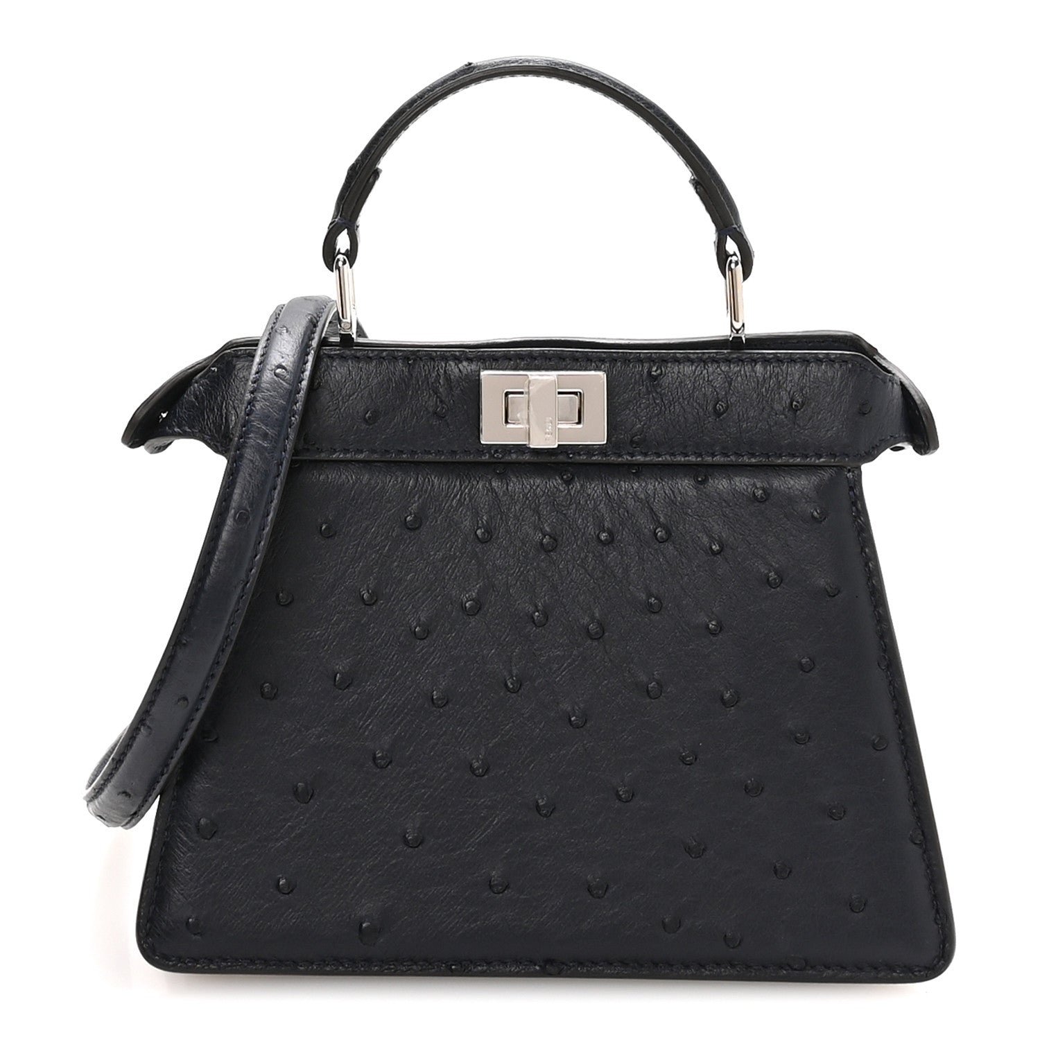Fendi Ostrich Shiny Nappa Petite Peekaboo I SEE U Satchel Dark Blue