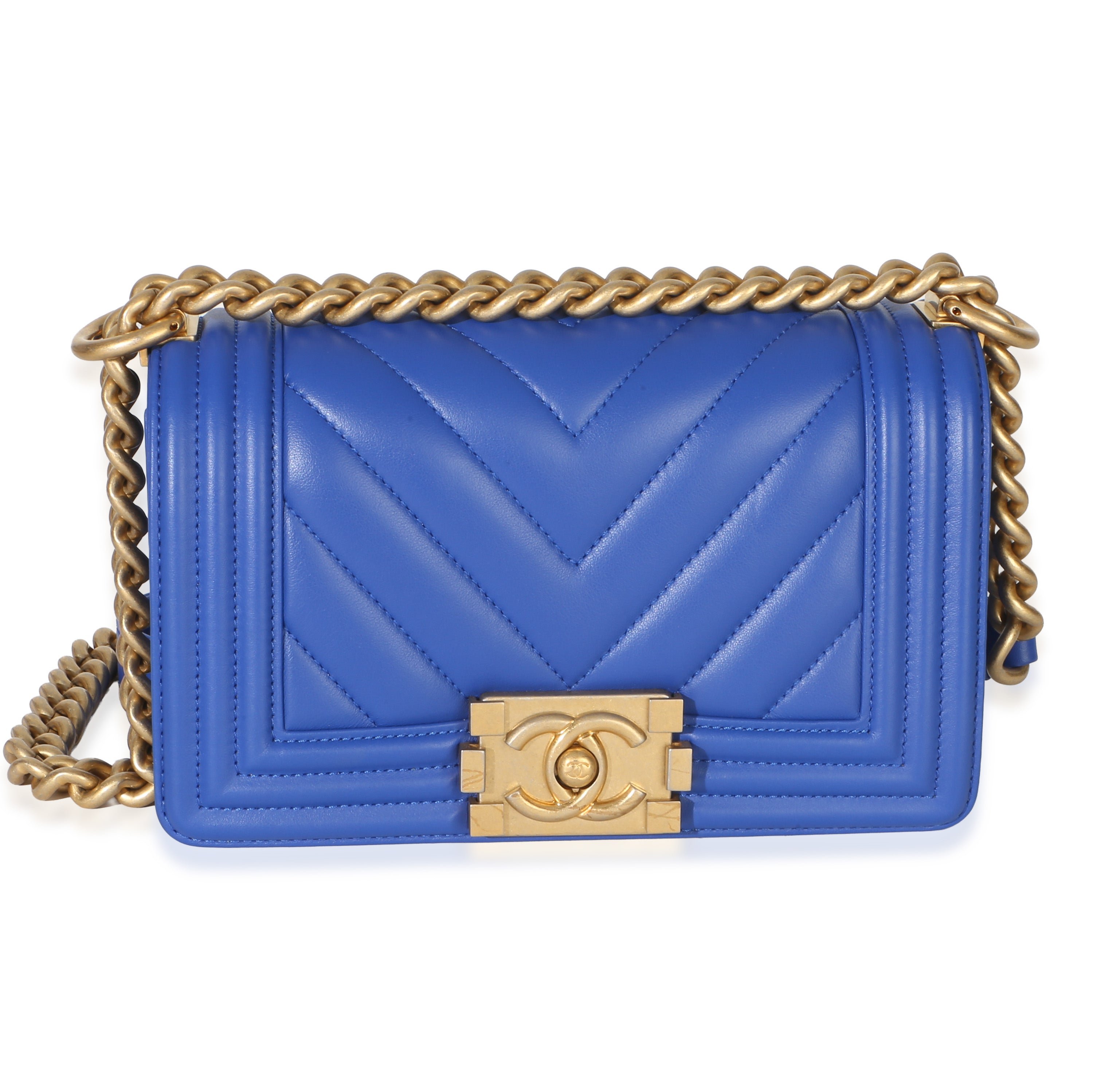Blue Lambskin Chevron Quilted Small Boy Bag