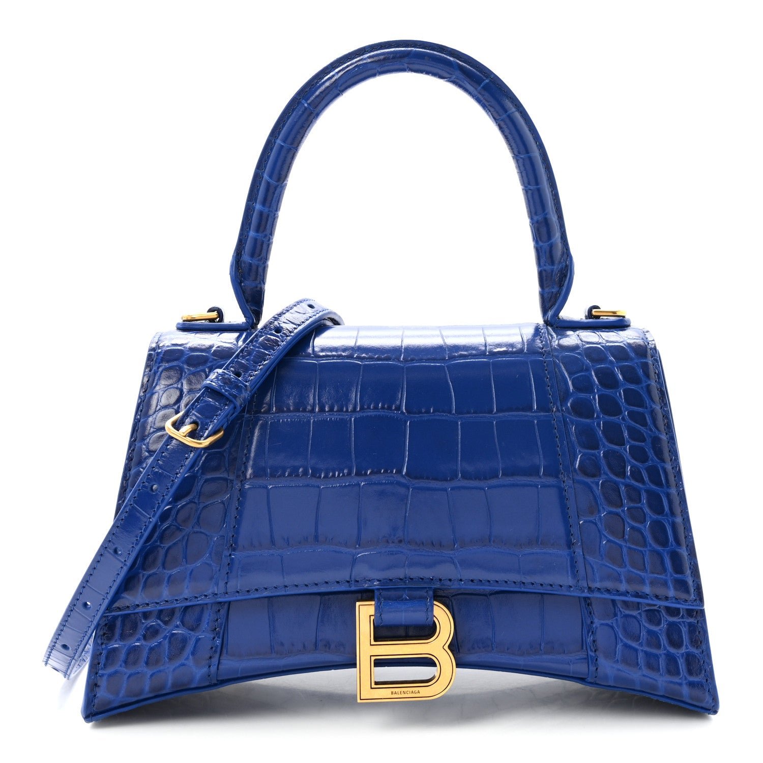 Balenciaga Shiny Calfskin Crocodile Embossed Small Hourglass Top Handle Bag Indigo