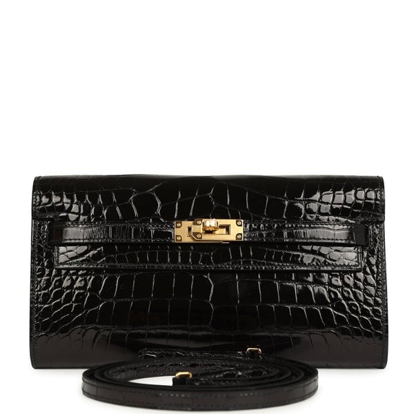 Hermes Pre-owned Hermes Kelly Wallet To Go Black Shiny Alligator Gold Hardware
