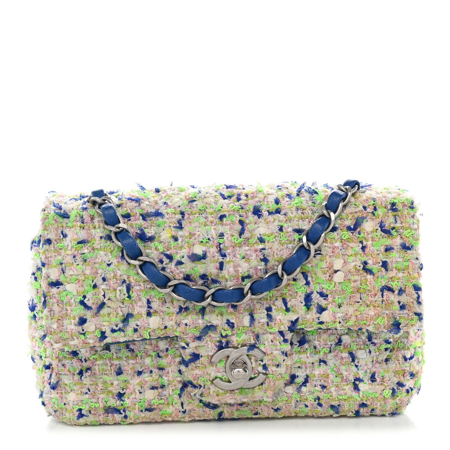 Chanel Tweed Quilted Mini Rectangular Flap Blue White Green