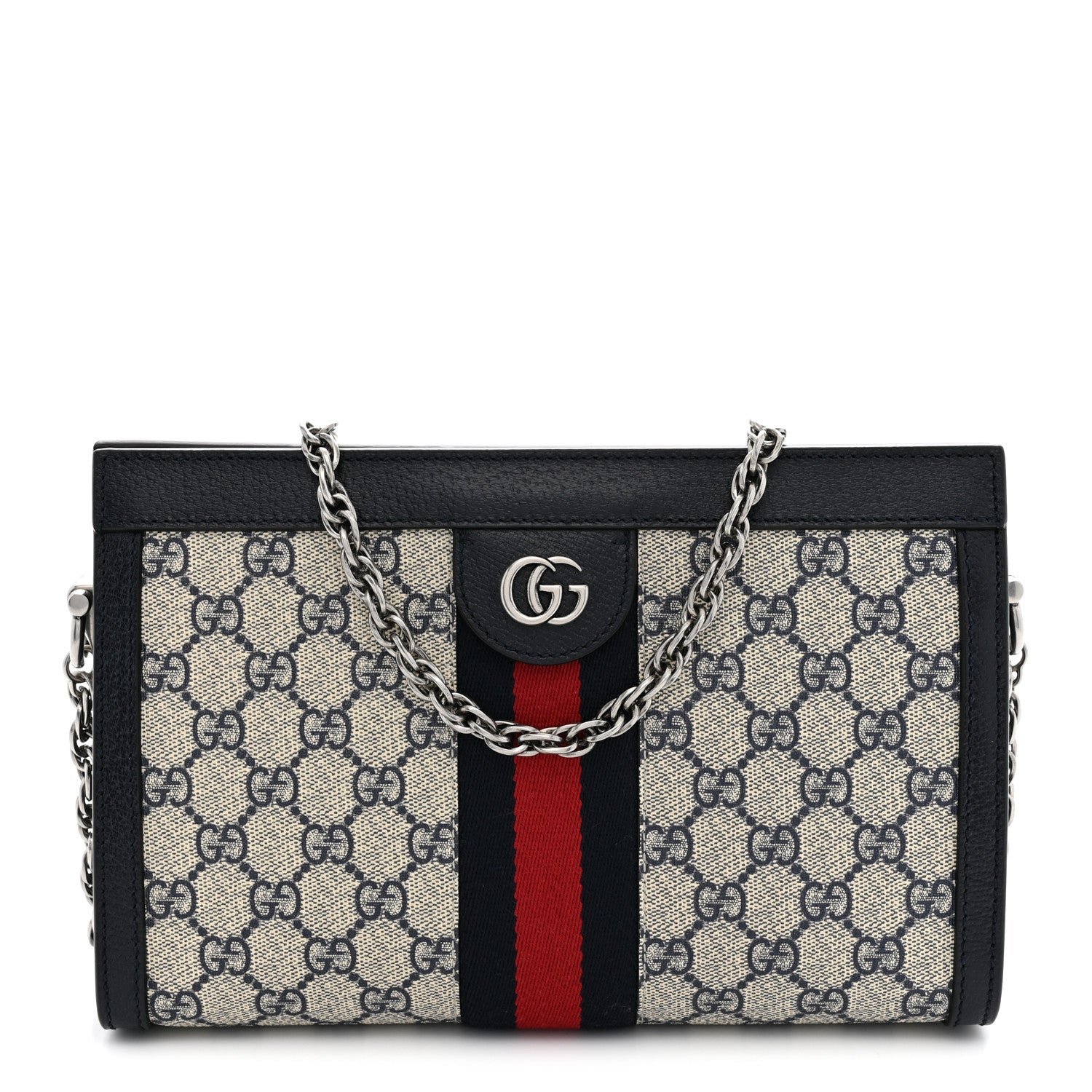 Gucci GG Supreme Monogram Textured Dollar Calfskin Web Small Ophidia Chain Shoulder Bag Beige Blue