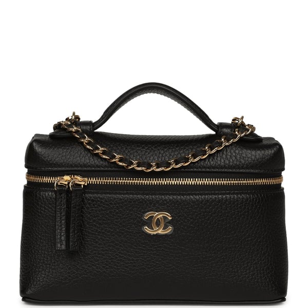 Chanel "Supple" Top Handle Long Vanity Case with Chain Black Grained Calfskin Gold Hardware