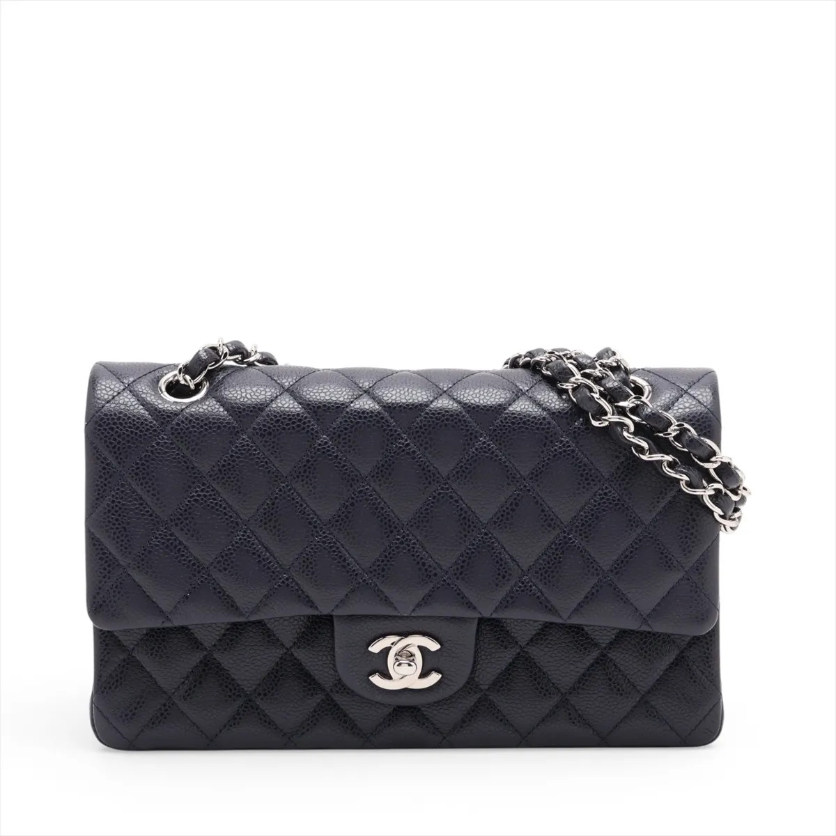 Chanel Matelasse 25 Caviar Skin Double Flap Double Chain Bag Navy Blue Silver Me