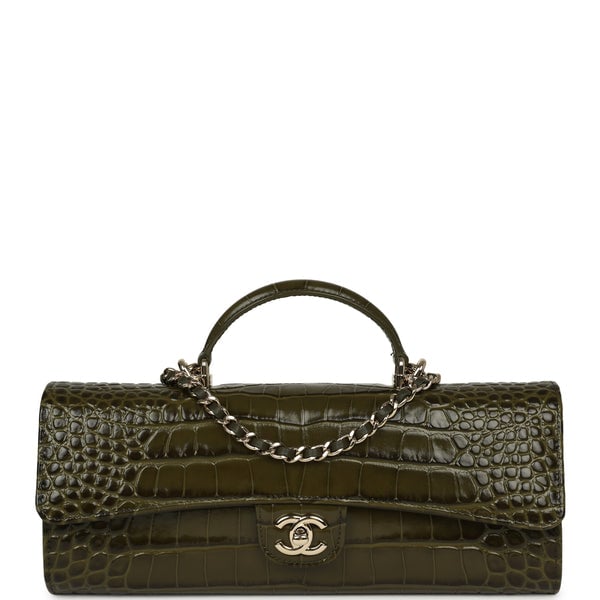 Chanel Long Top Handle Clutch with Chain Khaki Croc Embossed Calfskin Gold Hardware