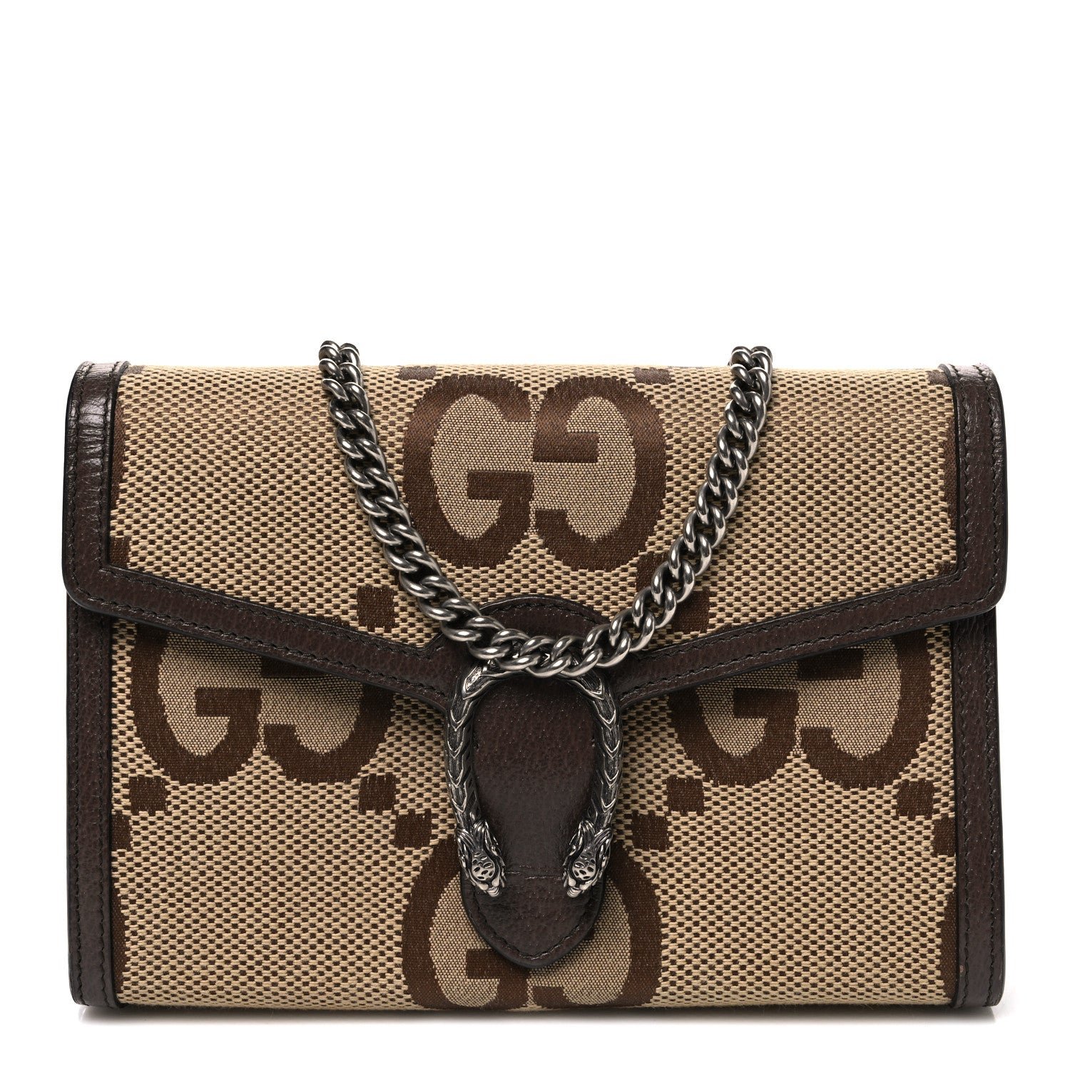 Gucci Monogram Jumbo GG Textured Dollar Calfskin Mini Dionysus Chain Wallet Camel Ebony New Acero