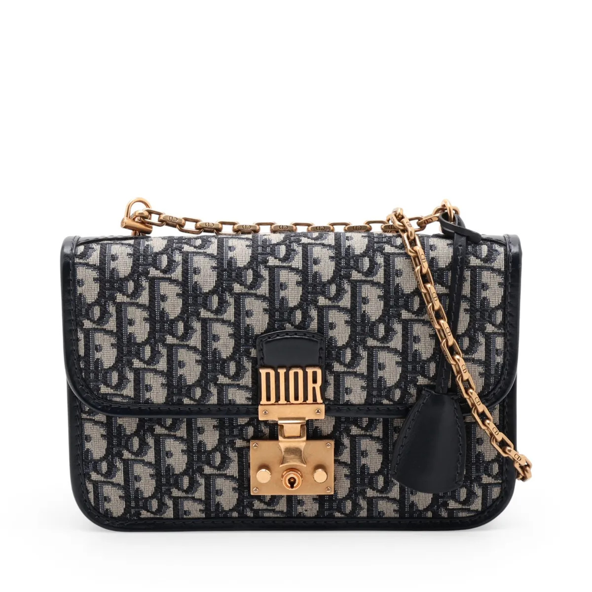 Christian Dior Oblique Addict Canvas & Leather Chain Shoulder Bag Navy Blue