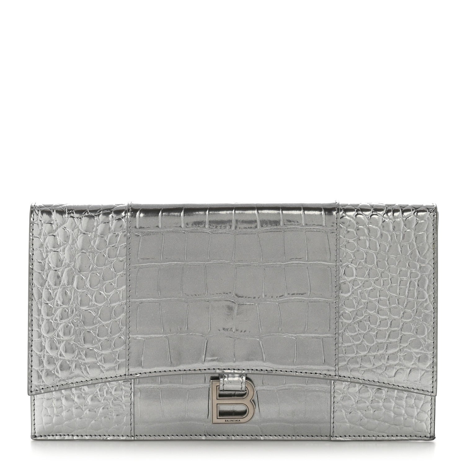 Balenciaga Metallic Calfskin Crocodile Embossed Hourglass Flap Flat Pouch Silver