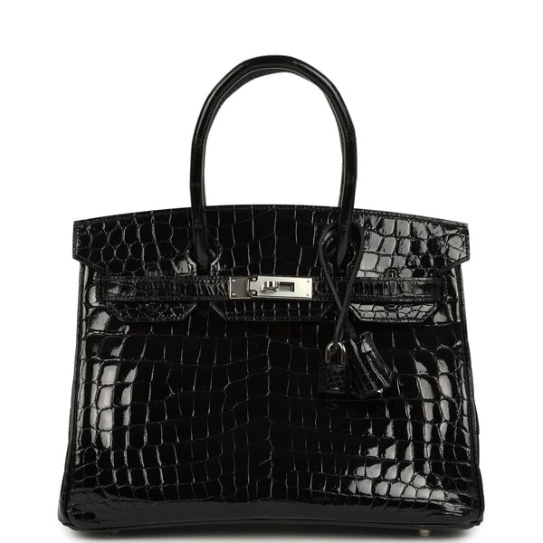 Hermes Pre-owned Hermes Birkin 30 Black Shiny Crocodile Niloticus Palladium Hardware