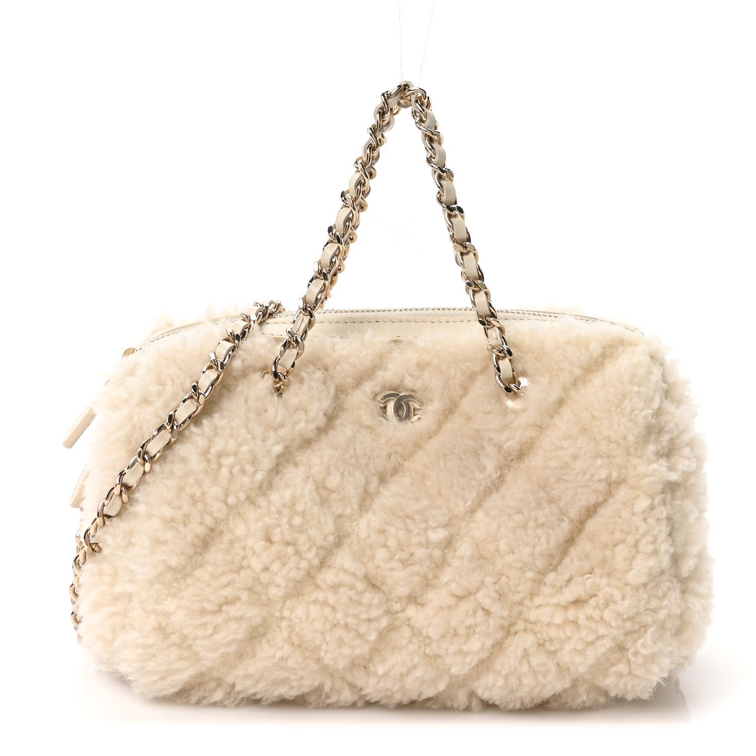 Chanel Shearling Quilted Barrel Clutch With Chain Beige