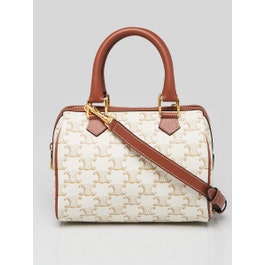 Celine Celine White/Tan Triomphe Coated Canvas Boston Small Shoulder Bag