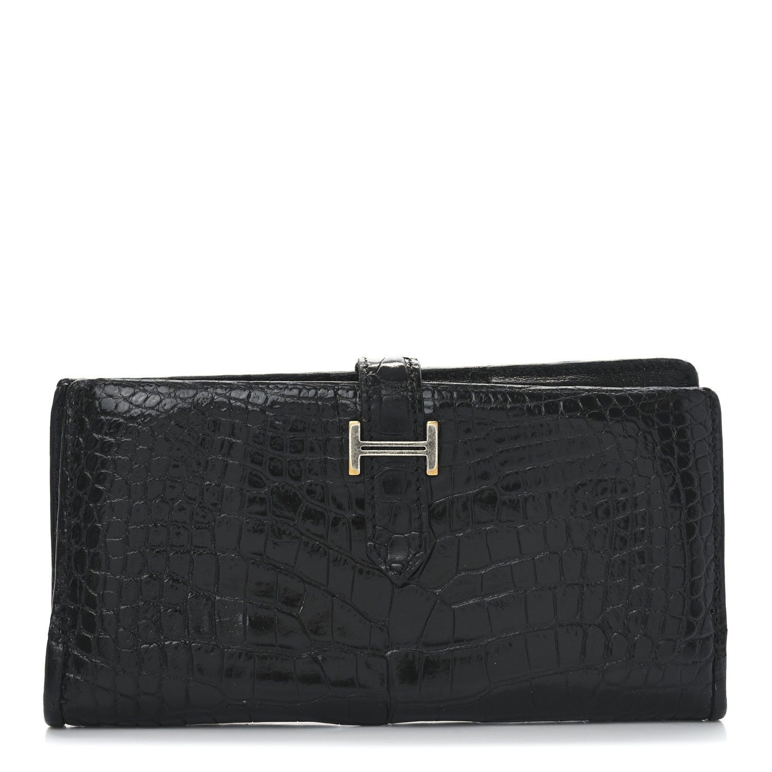 Hermes Shiny Alligator Bearn Gusset Wallet Black