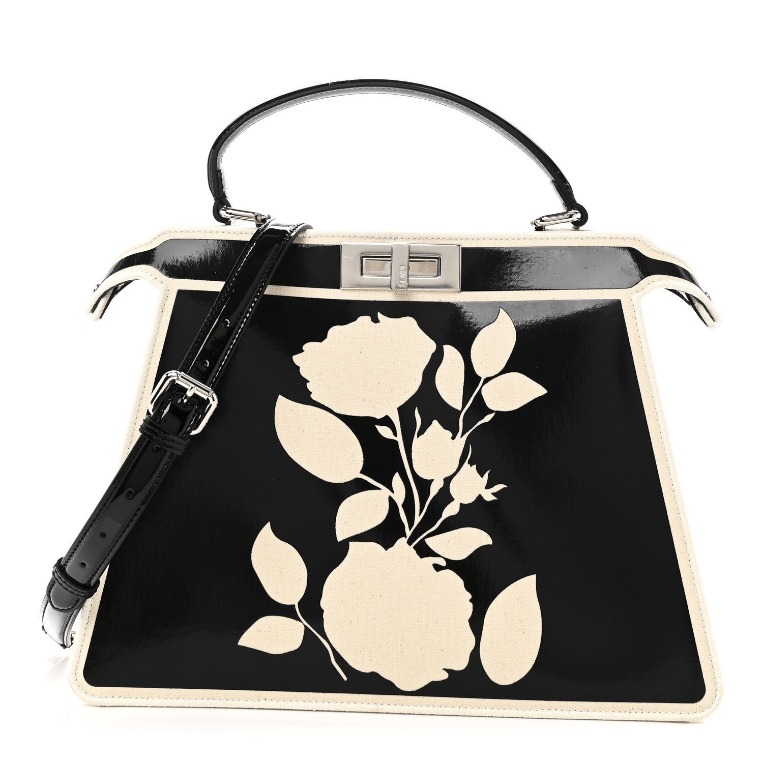 Fendi Canvas Spalmato Vernice Roses Medium Peekaboo I SEE U Satchel Black Grezzo