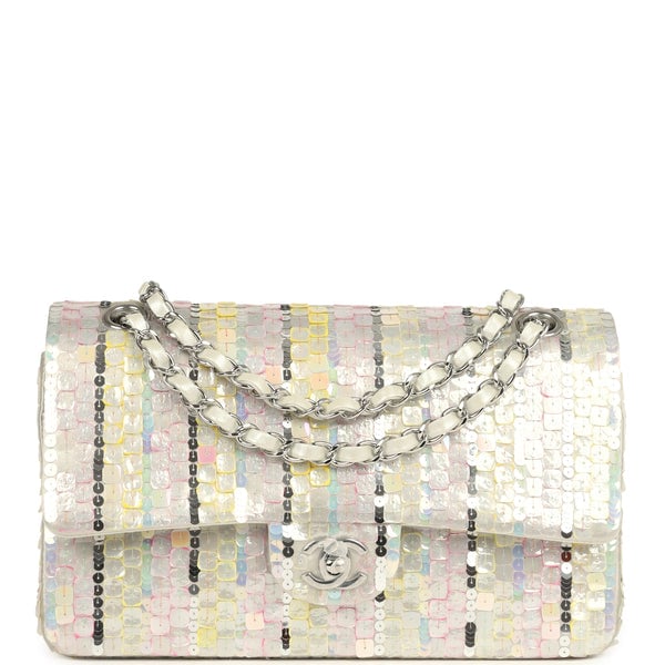 Pre-owned Chanel Medium Sequin Classic Double Flap Bag Light Grey, Pink, Yellow Embroidered Satin Silver Hardware