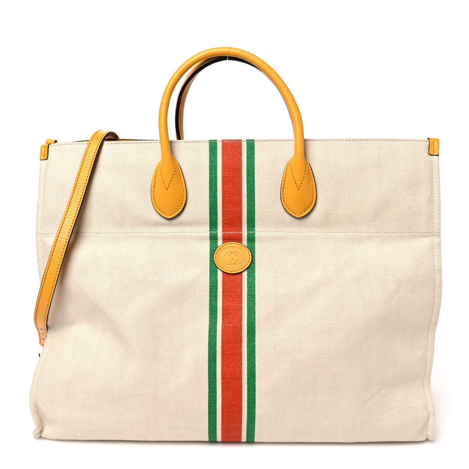 Gucci Linen Heavy Canvas Textured Dollar Calfskin Web Large Retro Interlocking G Foldable Tote Light Beige