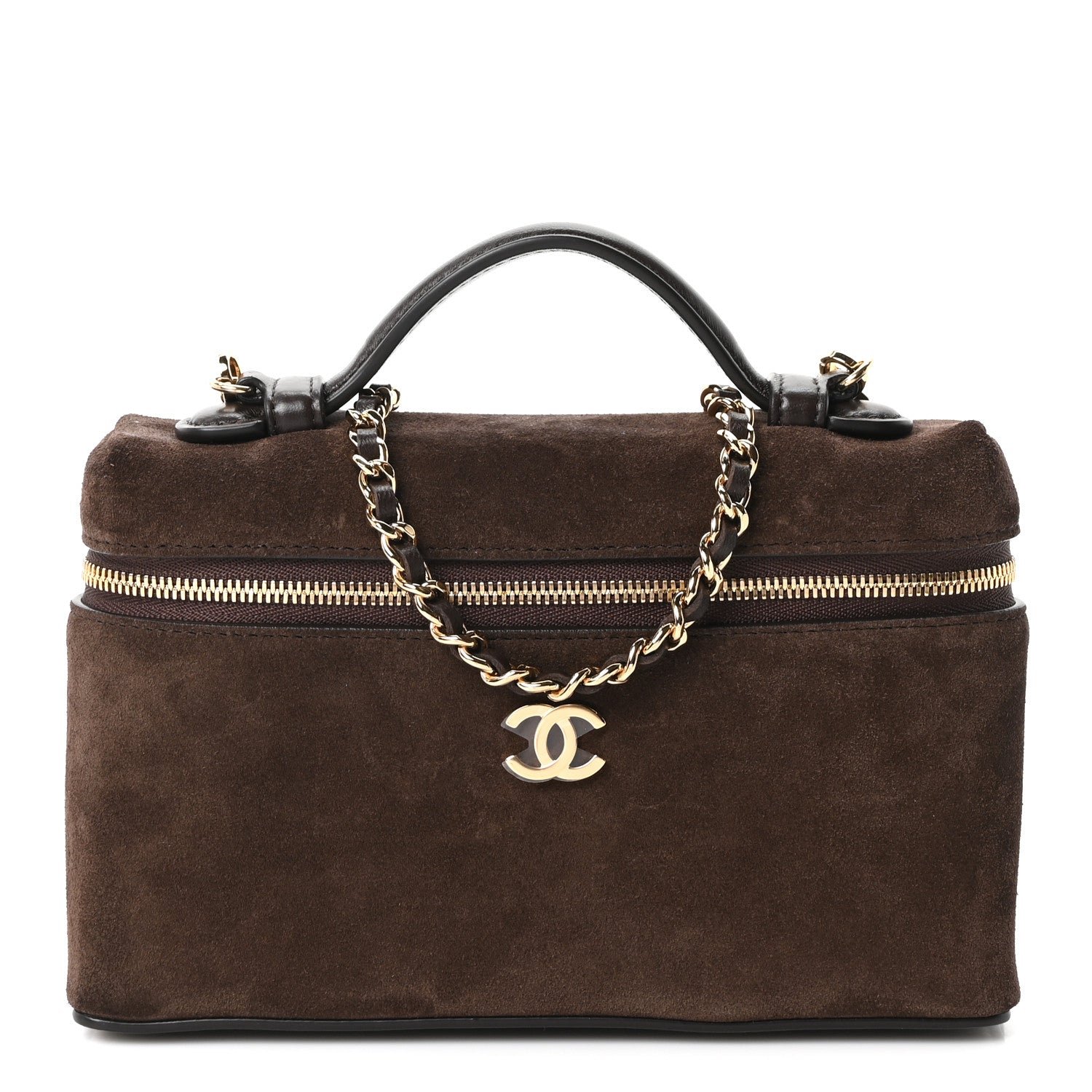 Chanel Suede Calfskin Top Handle Trapeze Small Vanity Case With Chain Dark Brown
