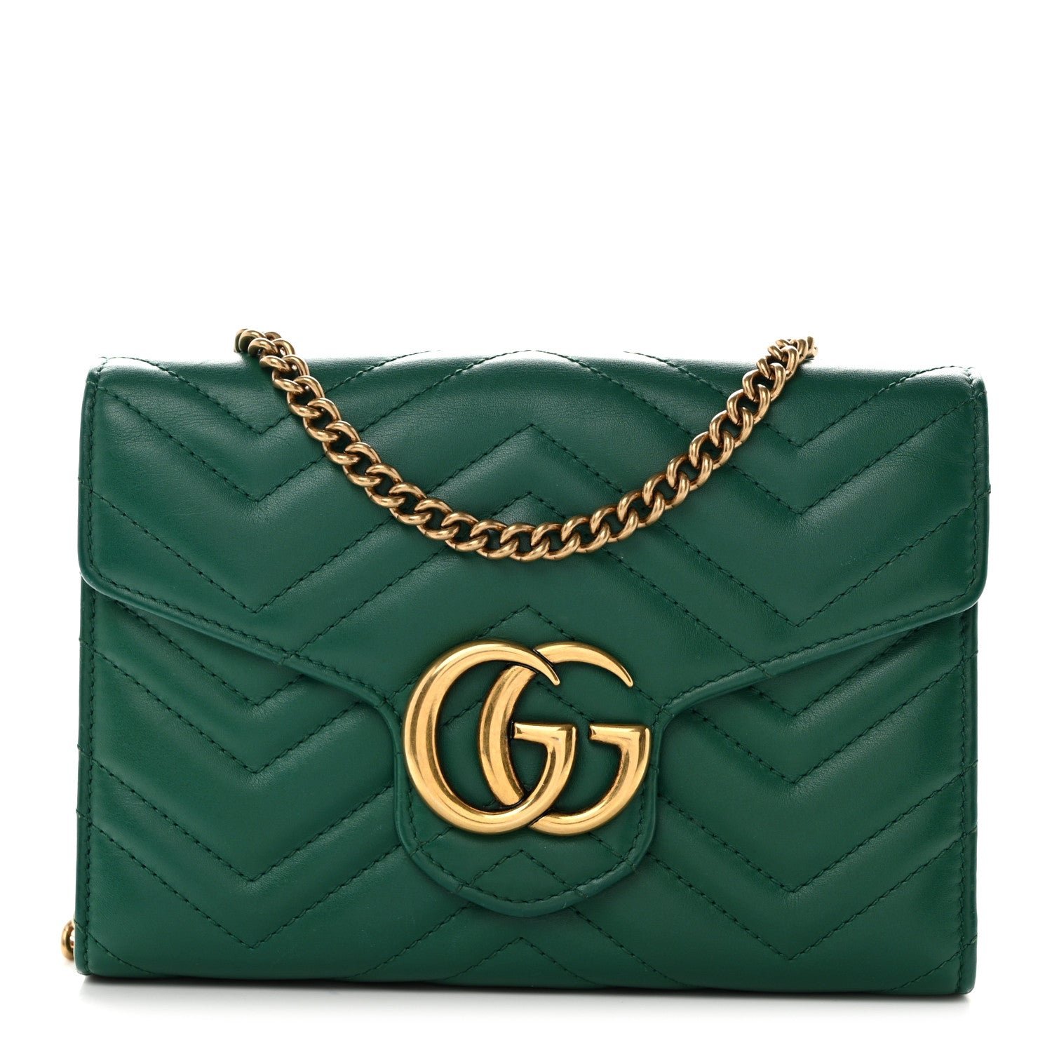 Gucci Calfskin Matelasse GG Marmont Chain Wallet Emerald Green